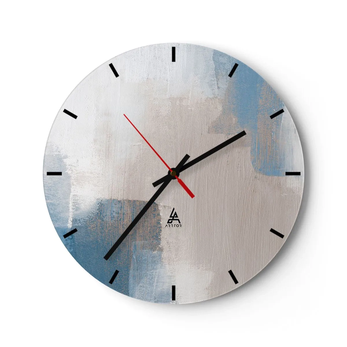 Ceas de perete - Ceas pe sticlă - Abstracție modernă în bej, albastru și gri - 30x30cm - Abstracție roz în spatele unui voal de albastru - Decorațiune modernă pentru perete pentru living, bucătărie și dormitor ARTTOR