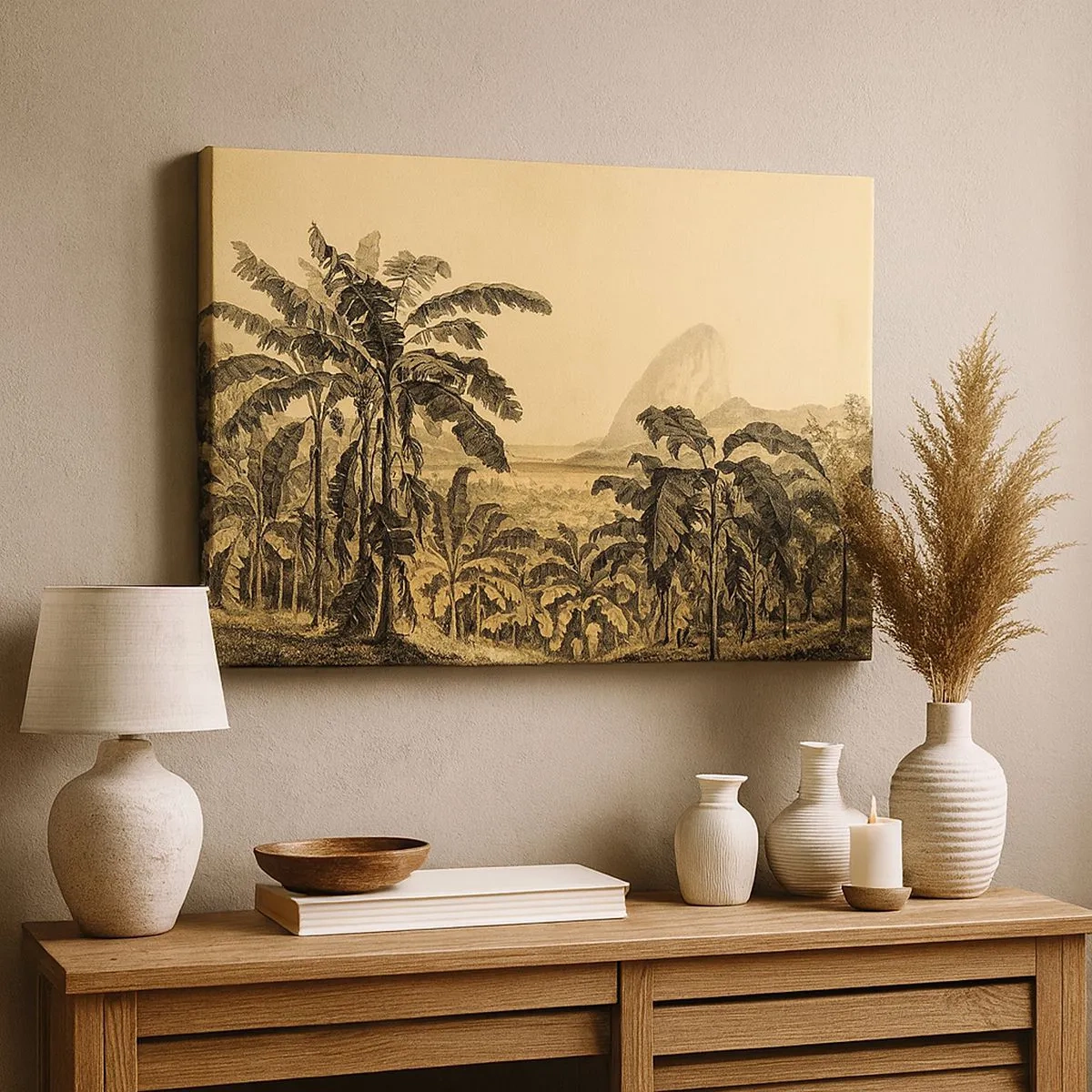 Tablou pe pânză Canvas - Desen de bananieri pe fundalul unui peisaj tropical - 70x50cm - În stil colonial - Decorațiune modernă pentru perete pentru living și dormitor ARTTOR