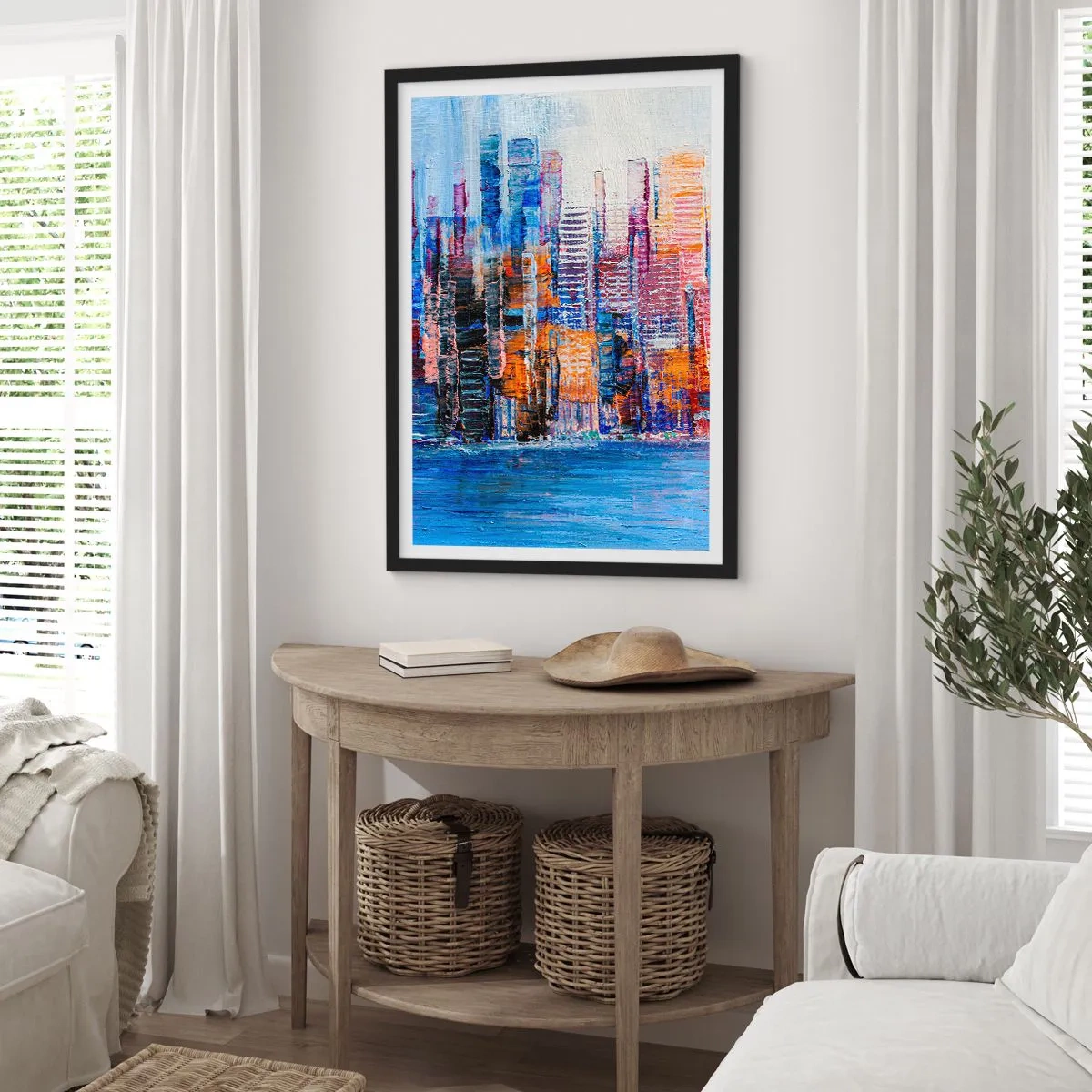 Poster în ramă neagră - Panoramă abstractă a orașului în culori intense - 50x70cm - O metropolă veselă - Decorațiune modernă pentru perete pentru living și dormitor ARTTOR