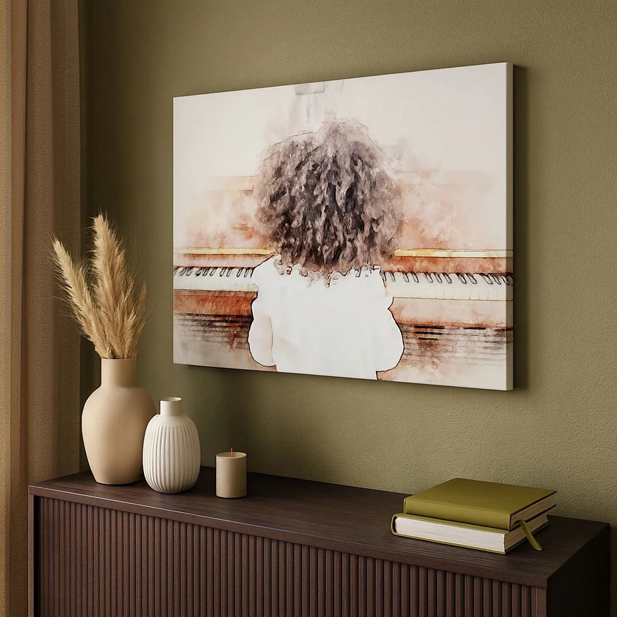 Tablou pe pânză Canvas - O fată cu părul stufos la pian - 70x50cm - Într-o lume a muzicii - Decorațiune modernă pentru perete pentru living și dormitor ARTTOR