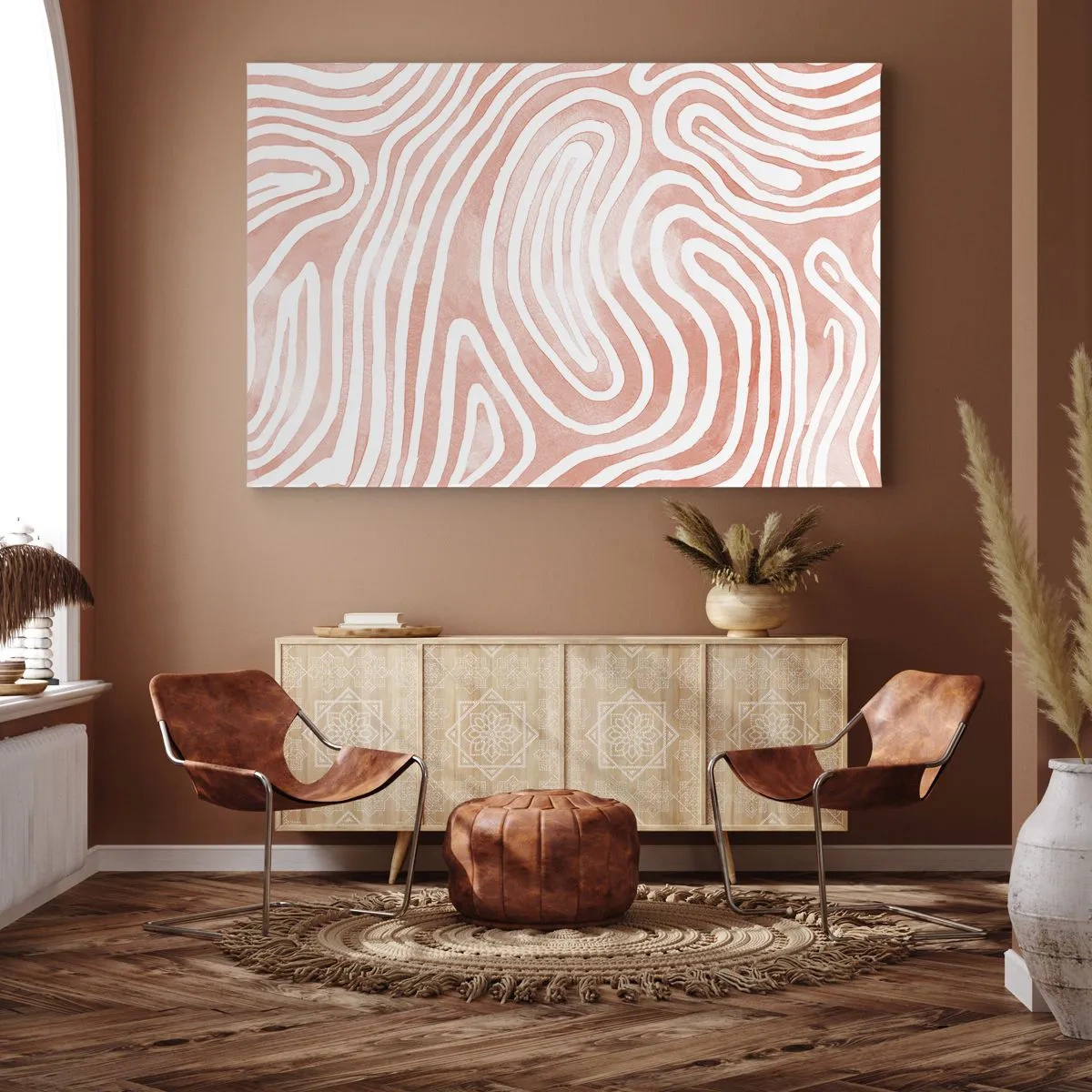 Tablou pe pânză Canvas - Model abstract în nuanțe de roz și alb - 70x50cm - Într-un labirint de coral - Decorațiune modernă pentru perete pentru living și dormitor ARTTOR
