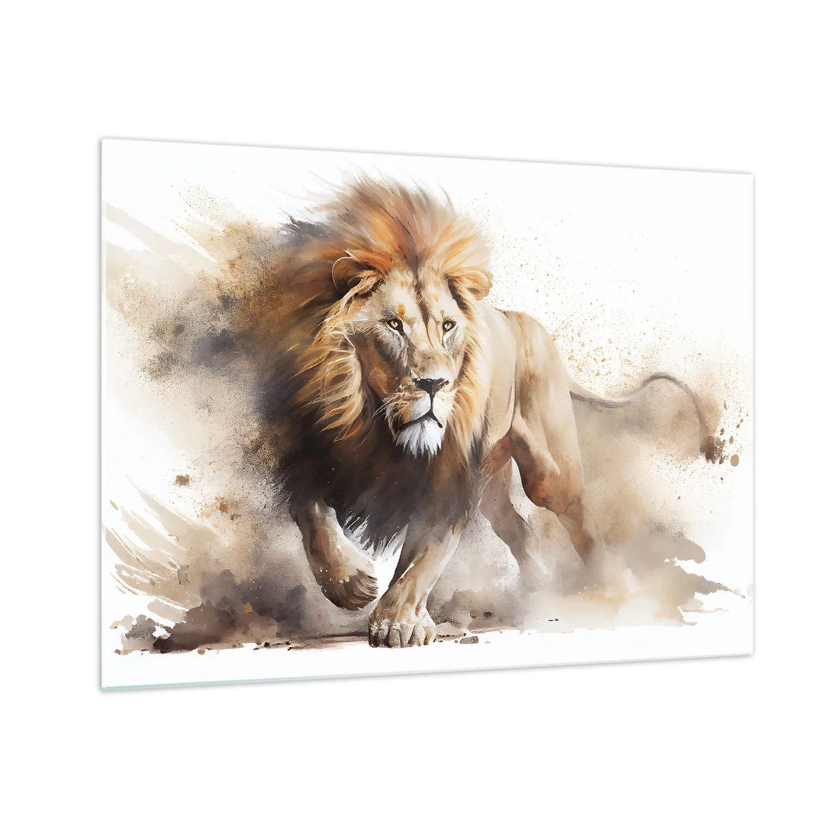 Tablou pe sticlă - O fotografie dinamică în stil acuarelă a unui leu alergând - 70x50cm - Regele se mișcă - Decorațiune modernă pentru perete pentru living și dormitor ARTTOR