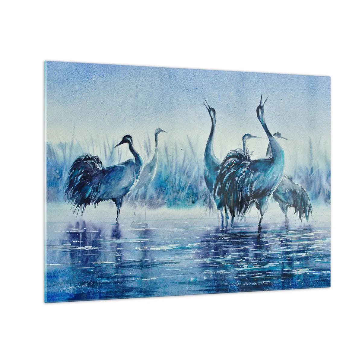 Tablou pe sticlă - Păsări care se plimbă prin apă albastră - 70x50cm - Întâlnirea de dimineață - Decorațiune modernă pentru perete pentru living și dormitor ARTTOR