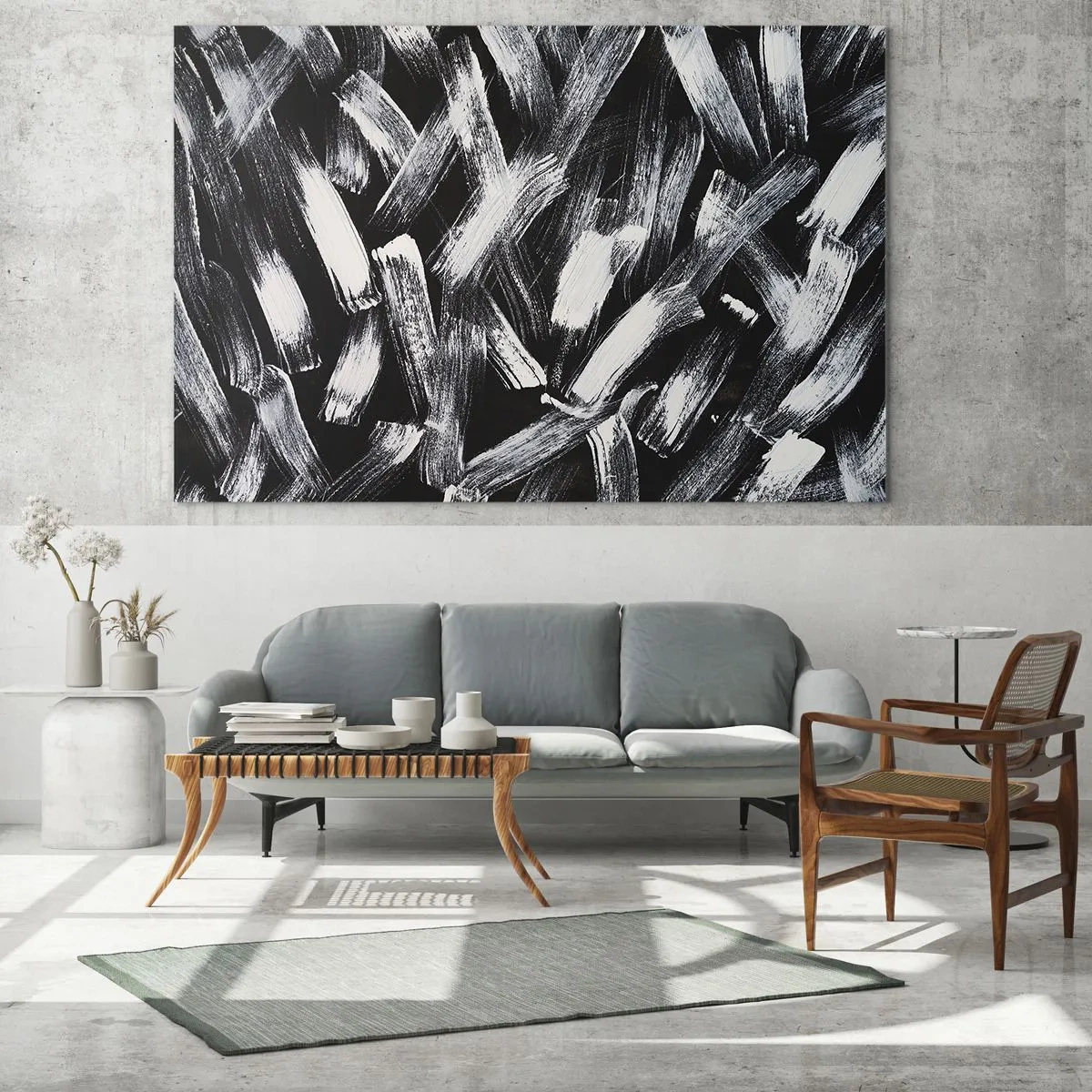Tablou pe sticlă - Abstracție alb-negru a tușelor de pensulă pe un fundal întunecat - 70x50cm - Abstracție în spirit industrial - Decorațiune modernă pentru perete pentru living și dormitor ARTTOR