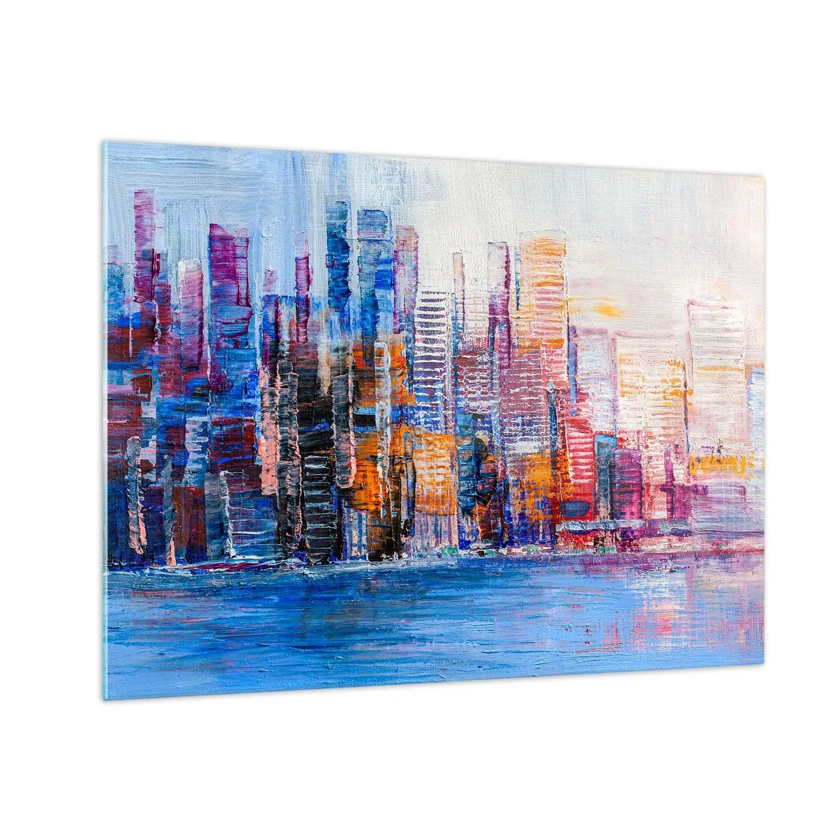 Tablou pe sticlă - O panoramă colorată a orașului pictată cu tușe de pensulă - 70x50cm - O metropolă veselă - Decorațiune modernă pentru perete pentru living și dormitor ARTTOR