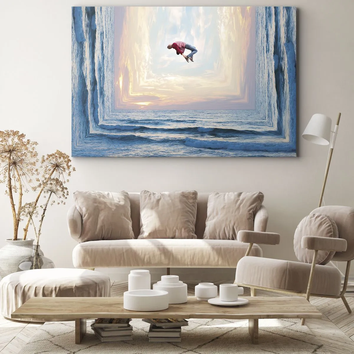 Tablou pe pânză Canvas - Salt suprarealist peste mare în cadru - 70x50cm - Spre o altă dimensiune - Decorațiune modernă pentru perete pentru living și dormitor ARTTOR