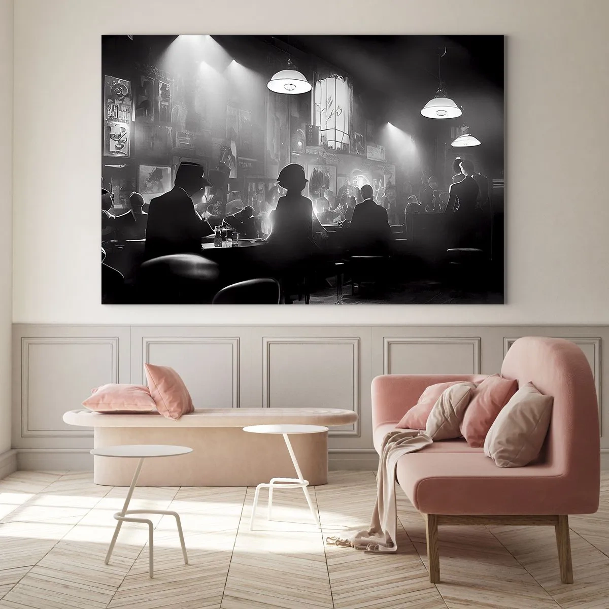 Tablou pe sticlă - Scenă de jazz alb-negru în interiorul unui club - 70x50cm - În stil jazz - Decorațiune modernă pentru perete pentru living și dormitor ARTTOR