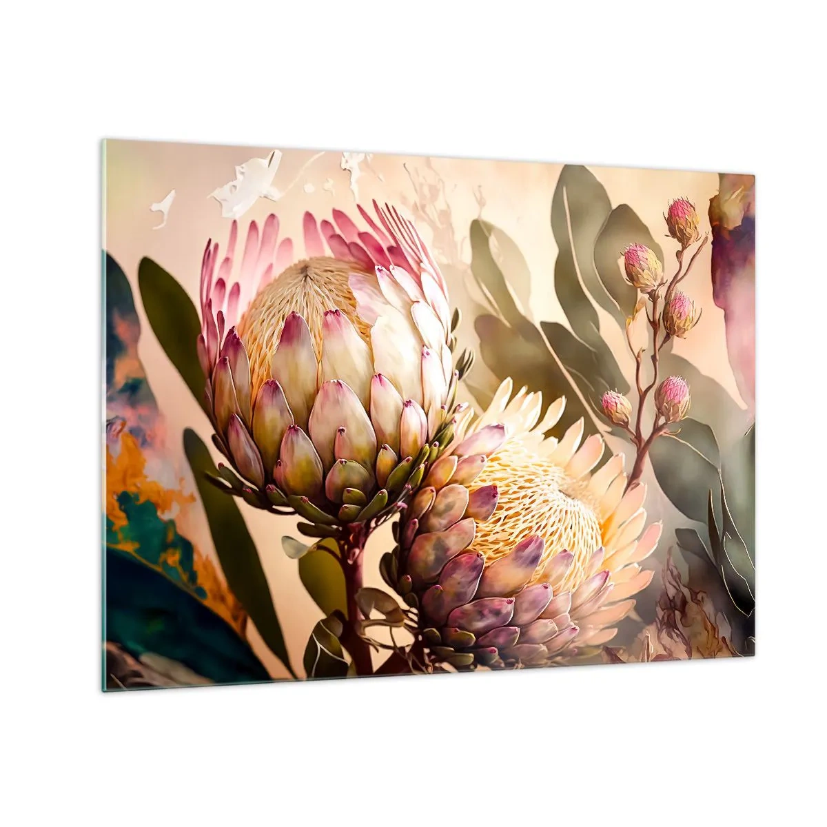 Tablou pe sticlă - Flori de Protea în tonuri calde și lumină blândă - 70x50cm - Îmbrățișare cu tandrețe - Decorațiune modernă pentru perete pentru living și dormitor ARTTOR