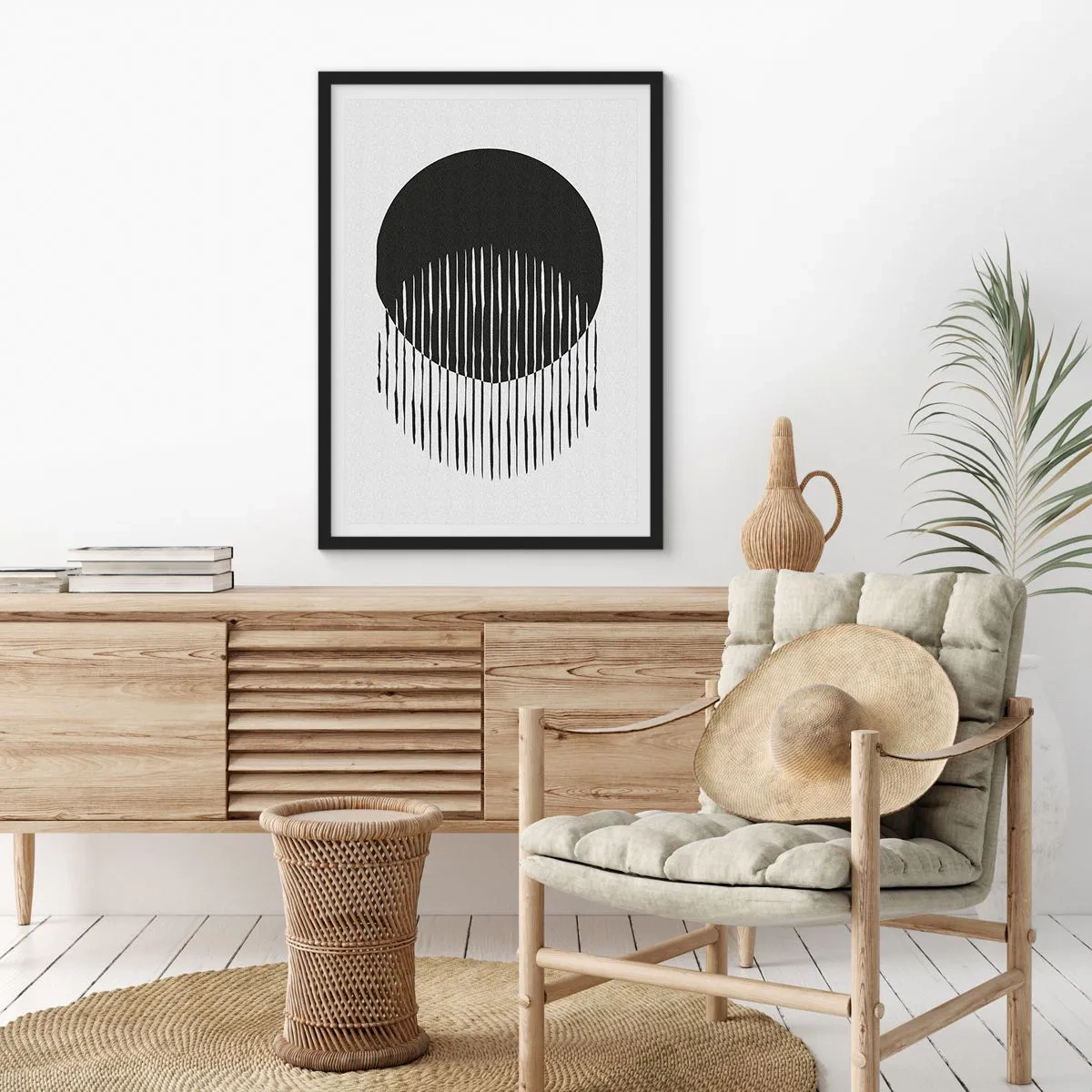 Poster în ramă neagră - Compoziție abstractă a unui cerc negru și linii verticale - 50x70cm - Alter ego-ul său - Decorațiune modernă pentru perete pentru living și dormitor ARTTOR