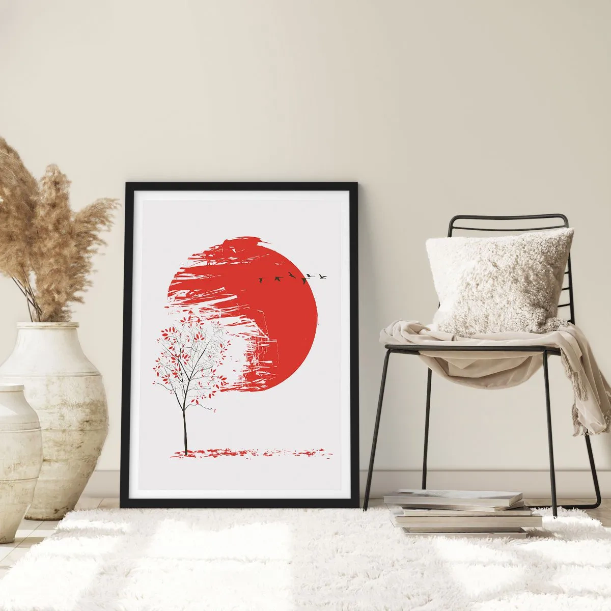 Poster în ramă neagră - Cerc roșu cu copac și păsări în stil minimalist - 50x70cm - Cunoști această țară? - Decorațiune modernă pentru perete pentru living și dormitor ARTTOR