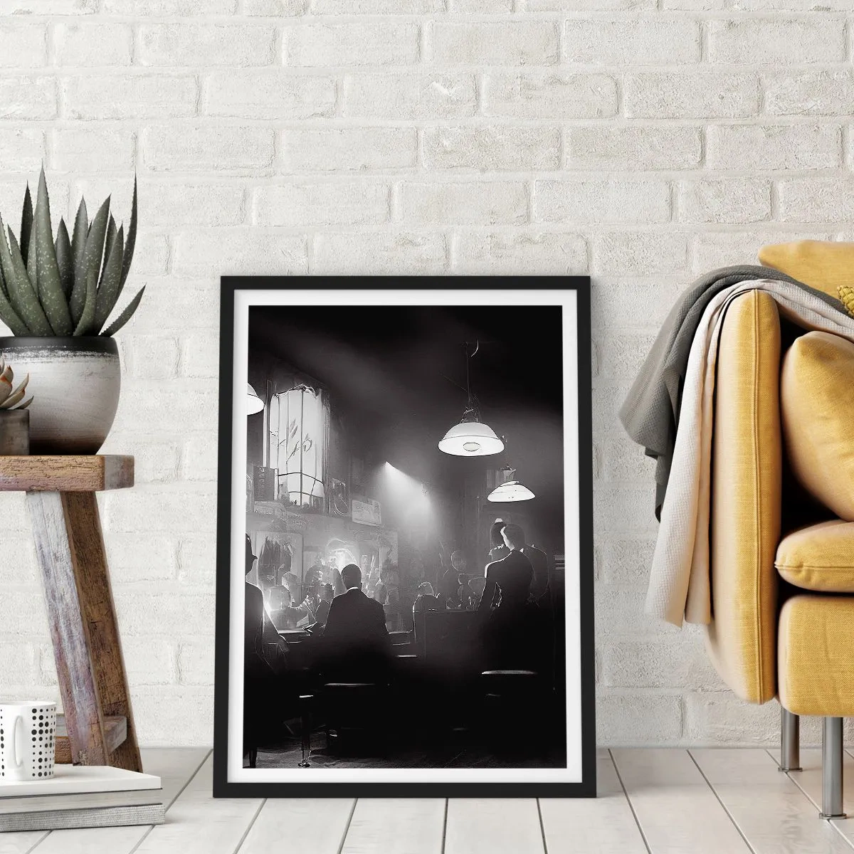 Poster în ramă neagră - O scenă alb-negru dintr-un club de noapte cu jazz atmosferic - 50x70cm - În stil jazz - Decorațiune modernă pentru perete pentru living și dormitor ARTTOR