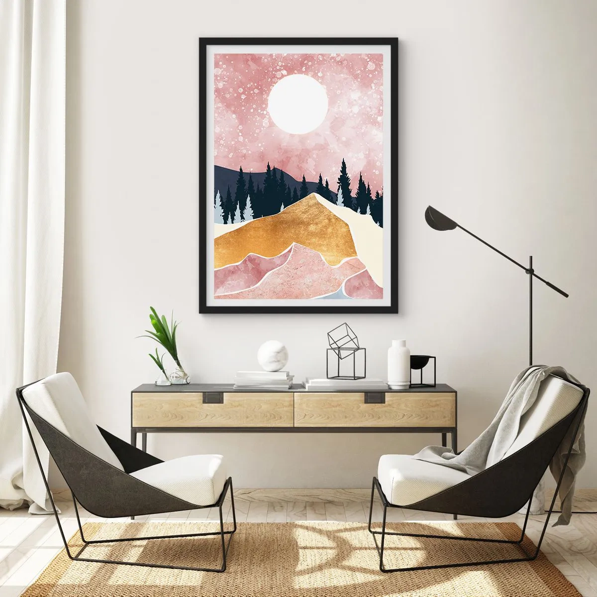 Poster în ramă neagră - Peisaj abstract cu pădure, munți și accente aurii - 50x70cm - Garda de noapte - Decorațiune modernă pentru perete pentru living și dormitor ARTTOR