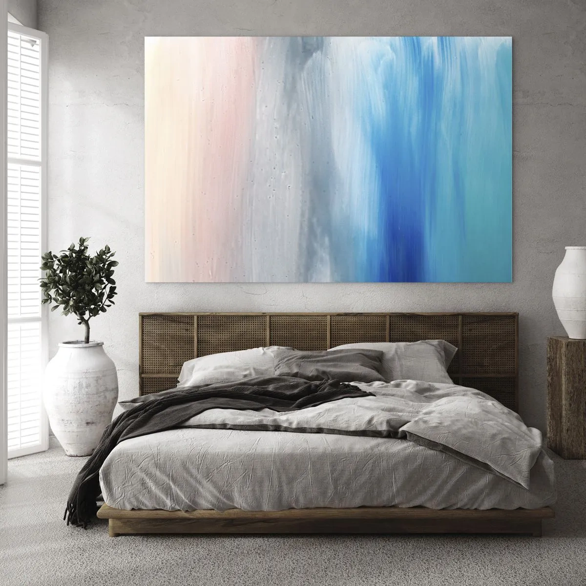 Tablou pe sticlă - Dungi verticale de culori pastelate și albastre într-un stil abstract. - 70x50cm - Elemente: aer - Decorațiune modernă pentru perete pentru living și dormitor ARTTOR