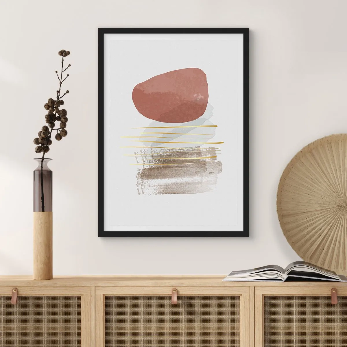 Poster în ramă neagră - Abstracție minimalistă cu forme geometrice și linii aurii - 50x70cm - Colonadă abstractă - Decorațiune modernă pentru perete pentru living și dormitor ARTTOR
