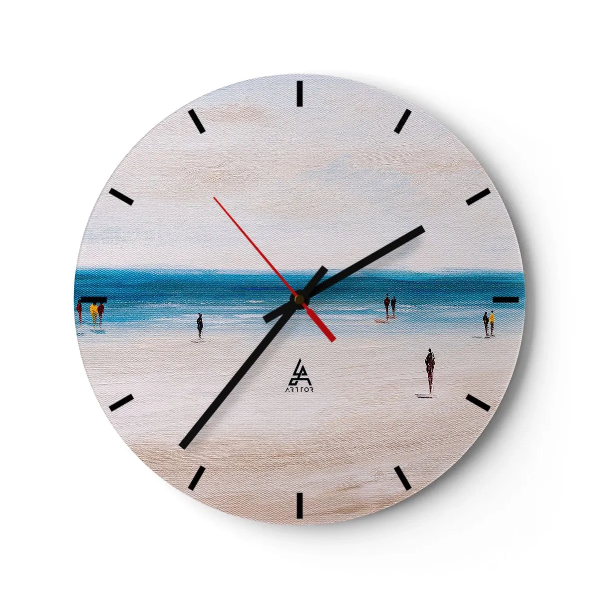 Ceas de perete - Ceas pe sticlă - Figuri care merg pe plajă cu vedere la marea calmă - 30x30cm - Nevoia naturală - Decorațiune modernă pentru perete pentru living, bucătărie și dormitor ARTTOR