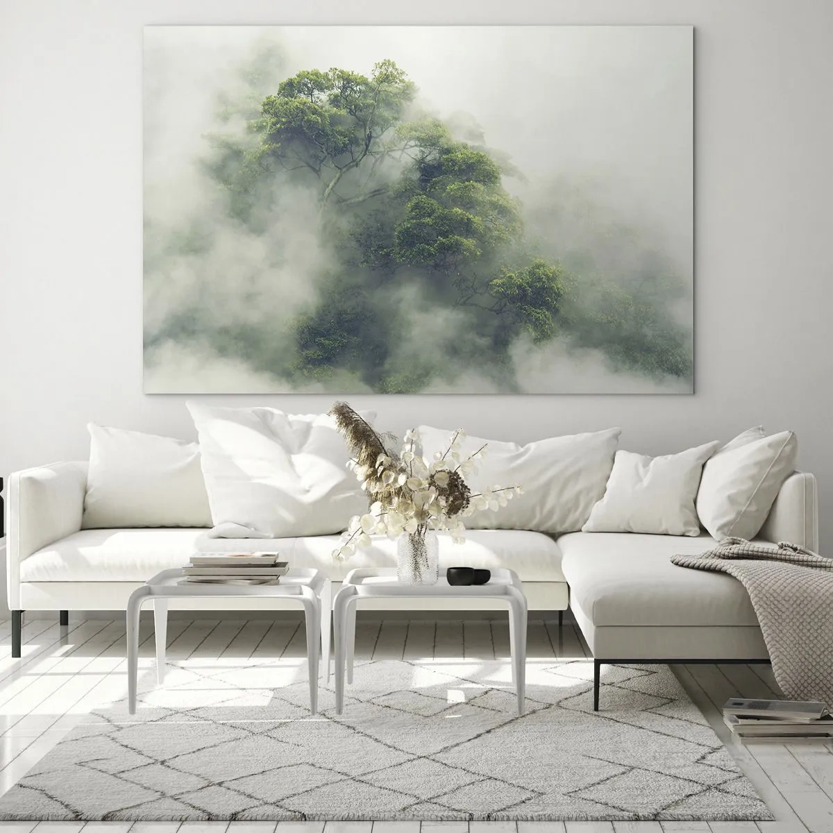 Tablou pe sticlă - Copaci de pădure tropicală care ies din ceața densă - 70x50cm - Înfășurate în ceață - Decorațiune modernă pentru perete pentru living și dormitor ARTTOR