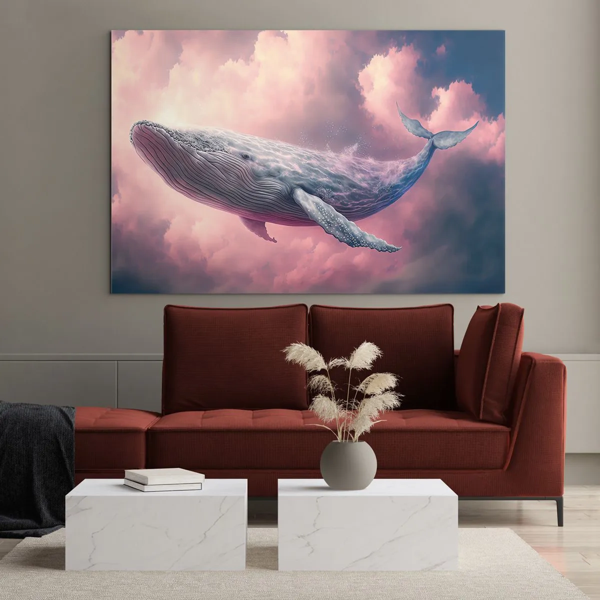 Tablou pe sticlă - O balenă plutind în nori cu o strălucire roz - 70x50cm - Șterge-ți ochii - Decorațiune modernă pentru perete pentru living și dormitor ARTTOR