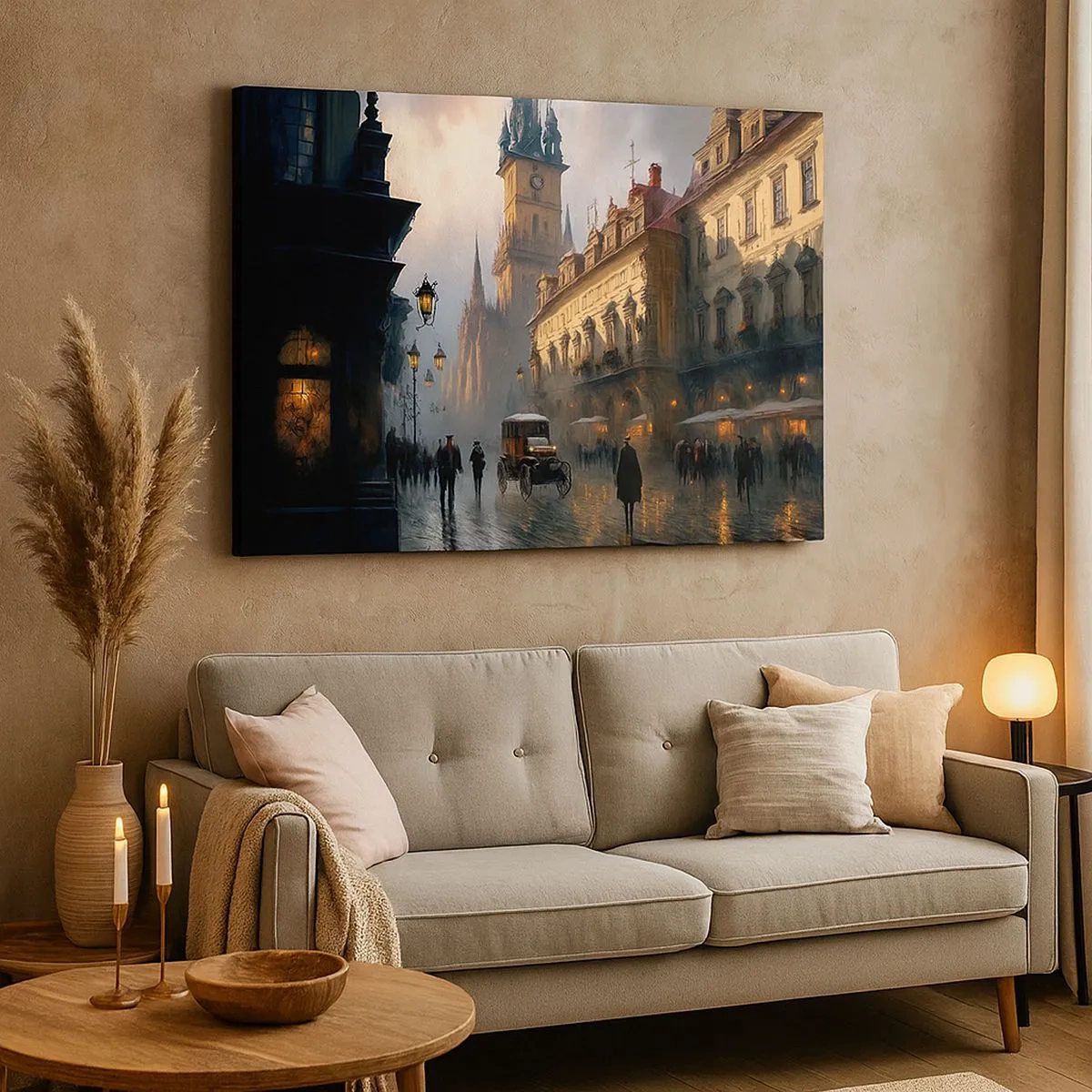 Tablou pe pânză Canvas - Scenă stradală de seară cu arhitectură istorică - 70x50cm - Magia unei seri la Praga - Decorațiune modernă pentru perete pentru living și dormitor ARTTOR