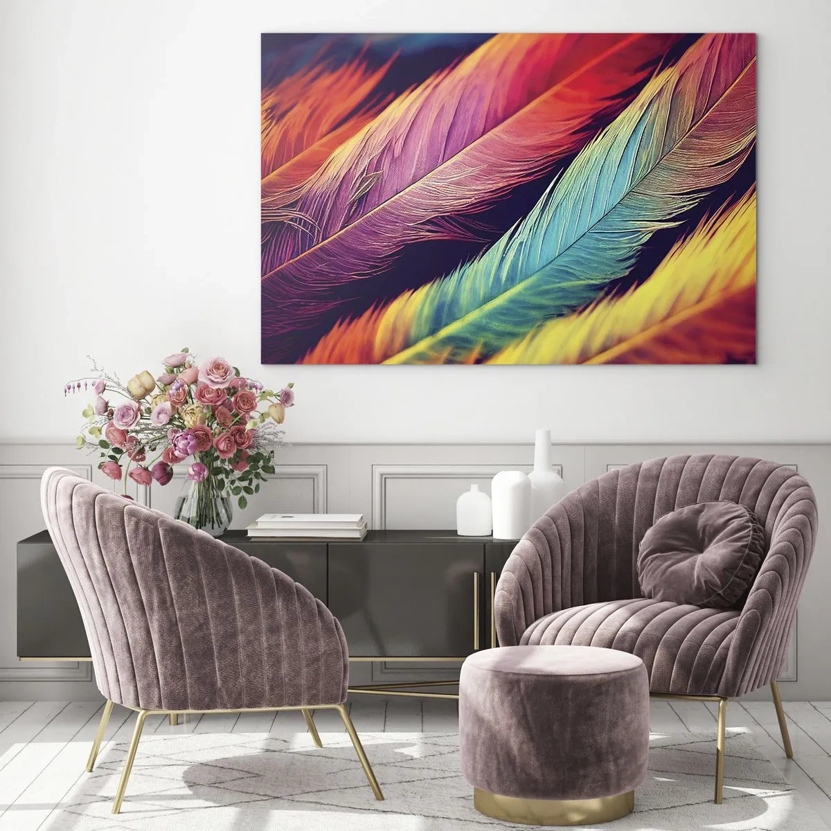 Tablou pe sticlă - Pene colorate în nuanțe intense de curcubeu - 70x50cm - Curcubeu cu pene - Decorațiune modernă pentru perete pentru living și dormitor ARTTOR