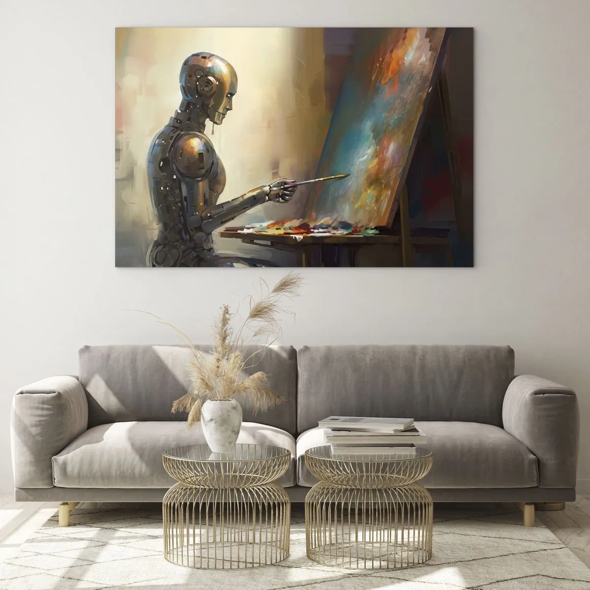 Tablou pe sticlă - Un robot pictează un tablou la un șevalet - 70x50cm - Arta viitorului - Decorațiune modernă pentru perete pentru living și dormitor ARTTOR