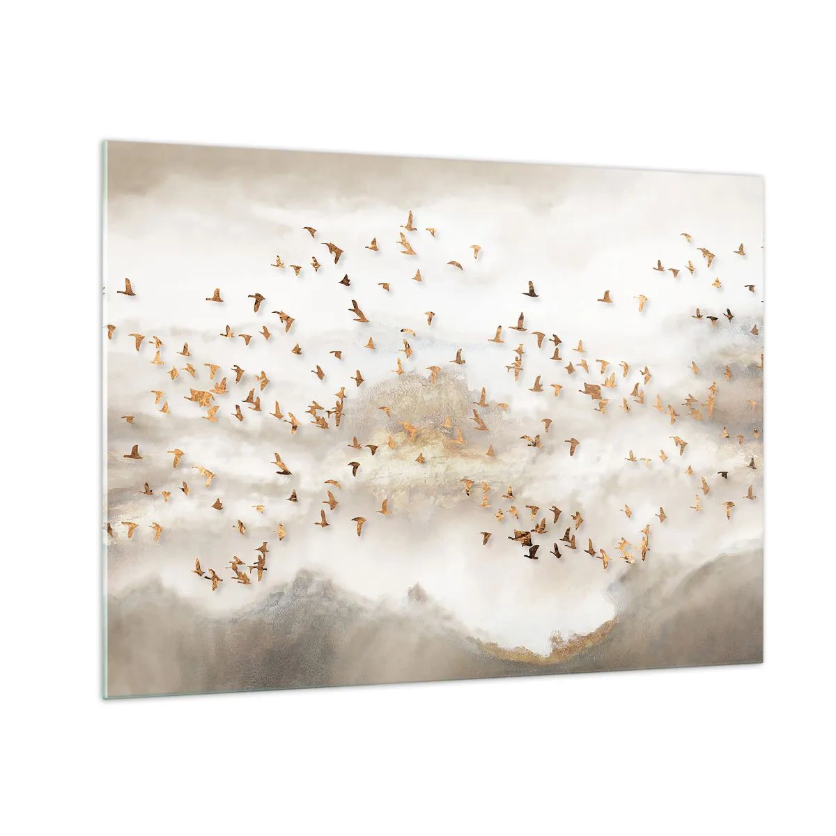 Tablou pe sticlă - Un stol de păsări zboară peste un peisaj încețoșat - 70x50cm - A sosit timpul... - Decorațiune modernă pentru perete pentru living și dormitor ARTTOR