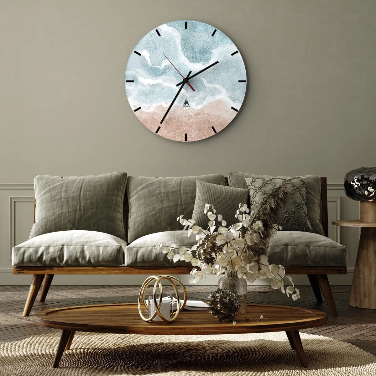 Ceas de perete - Ceas pe sticlă - Abstracție pastelată care amintește de cer și nisip - 30x30cm - Abstracția norilor - Decorațiune modernă pentru perete pentru living, bucătărie și dormitor ARTTOR