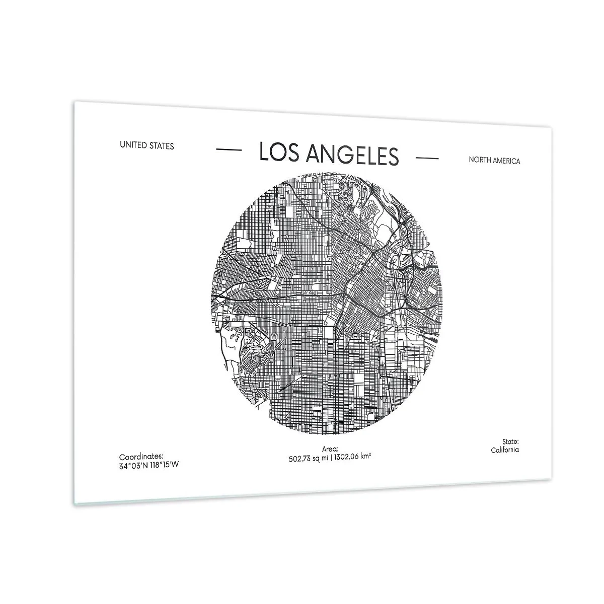 Tablou pe sticlă - O hartă minimalistă alb-negru a orașului Los Angeles. - 70x50cm - Anatomia Los Angeles - Decorațiune modernă pentru perete pentru living și dormitor ARTTOR