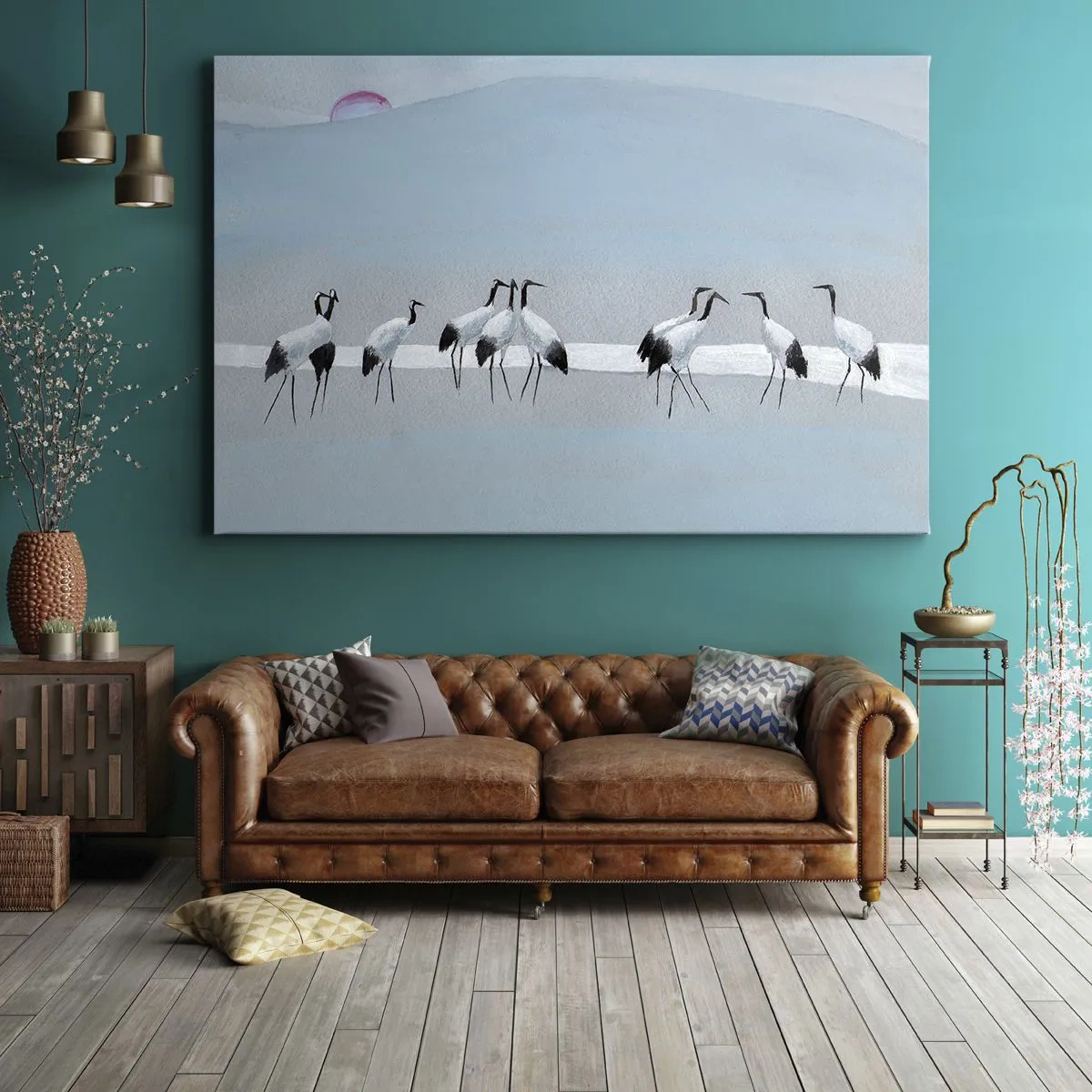 Tablou pe pânză Canvas - Un grup de cocori pe fundalul unui cer albastru și al soarelui care răsare - 70x50cm - După o zi fierbinte - Decorațiune modernă pentru perete pentru living și dormitor ARTTOR