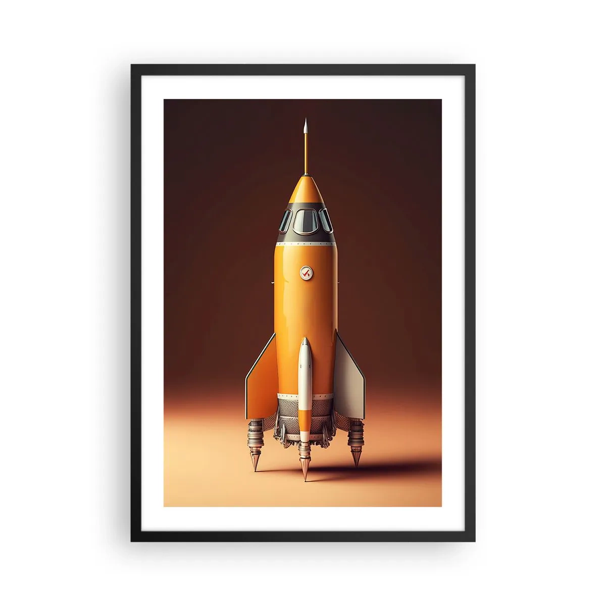 Poster în ramă neagră - O rachetă spațială modernă pe un fundal de culori calde. - 50x70cm - Totul începe cu un vis - Decorațiune modernă pentru perete pentru living și dormitor ARTTOR