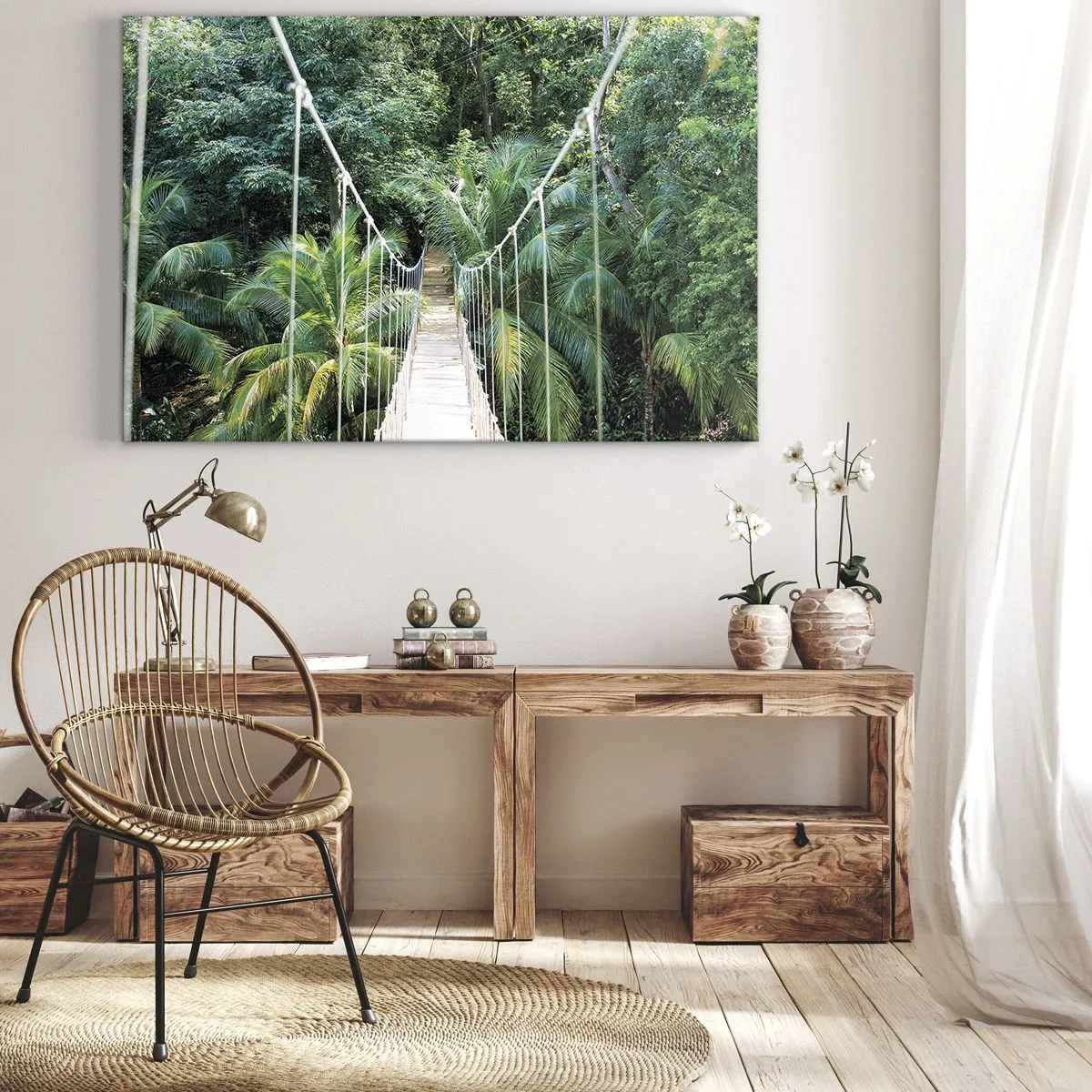 Tablou pe pânză Canvas - Un pod suspendat într-o junglă tropicală plină de verdeață - 70x50cm - Welcome to the jungle! - Decorațiune modernă pentru perete pentru living și dormitor ARTTOR