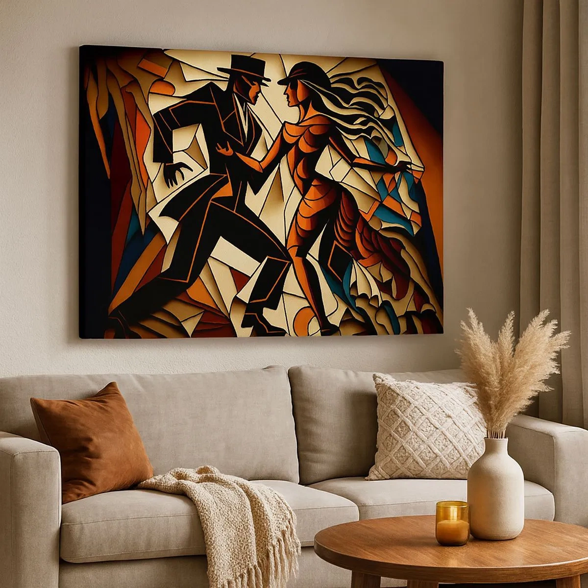 Tablou pe pânză Canvas - Un cuplu dinamic care dansează într-o formă abstractă. - 70x50cm - Dans cu pasiune - Decorațiune modernă pentru perete pentru living și dormitor ARTTOR