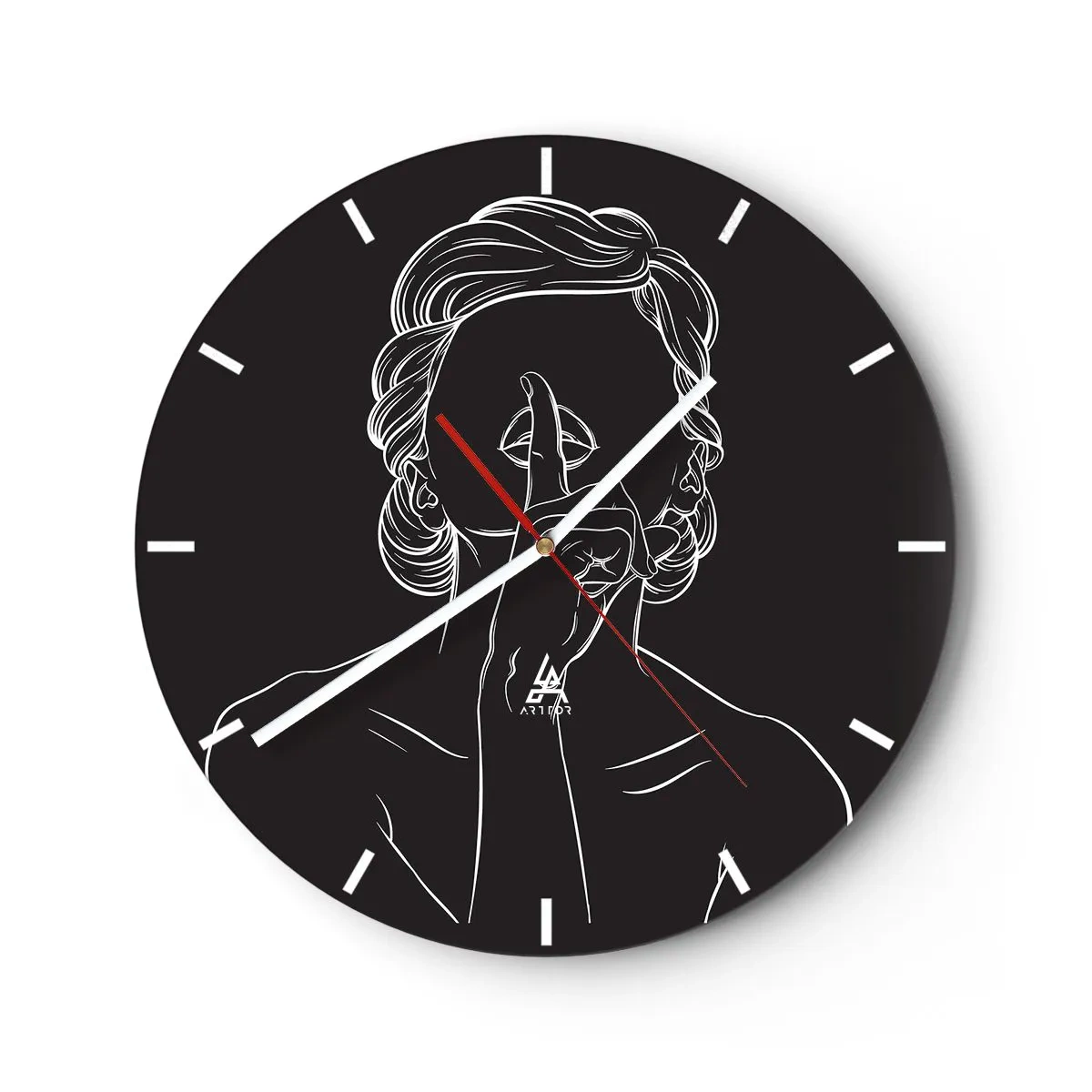 Ceas de perete - Ceas pe sticlă - Conturul alb al unei femei cu degetul la gură pe un fundal negru. - 30x30cm - Frumusețea înflorește în tăcere - Decorațiune modernă pentru perete pentru living, bucătărie și dormitor ARTTOR