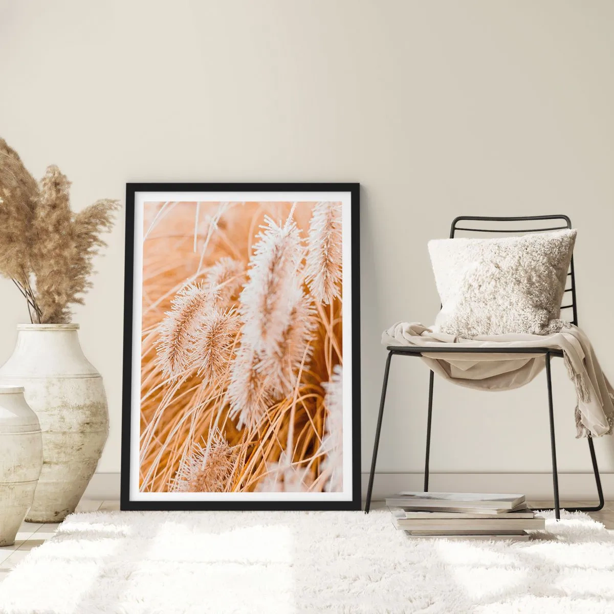 Poster în ramă neagră - Țepi delicati de iarbă în nuanțe pastelate de bej - 50x70cm - Foșnetul auriu al ierburilor - Decorațiune modernă pentru perete pentru living și dormitor ARTTOR