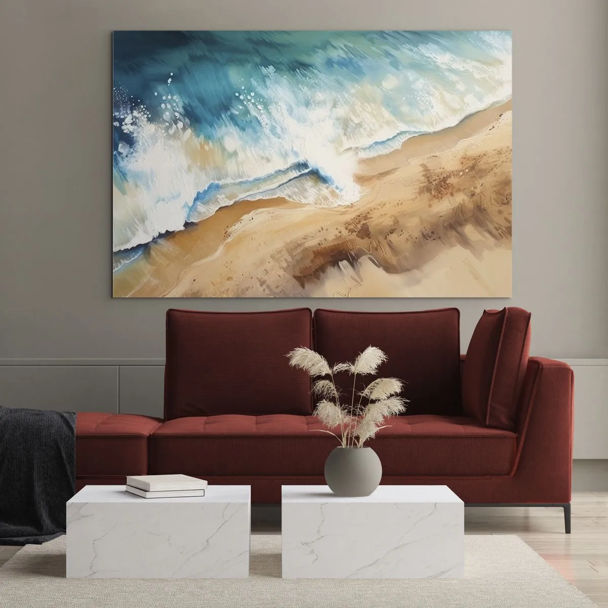 Tablou pe sticlă - O vedere de sus a unui val albastru al mării care se izbește de un țărm nisipos - 70x50cm - Unda de întoarcere - Decorațiune modernă pentru perete pentru living și dormitor ARTTOR