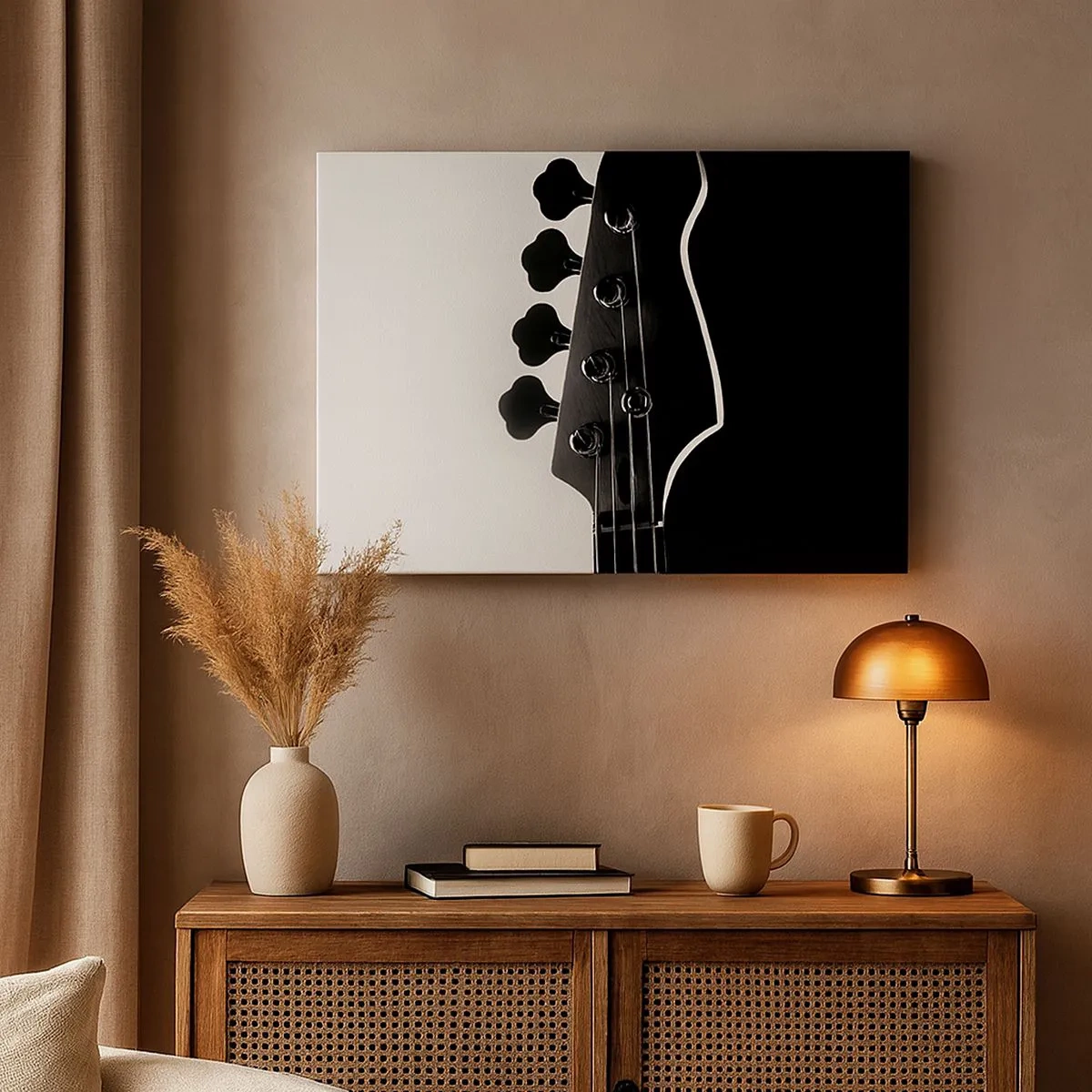 Tablou pe pânză Canvas - Siluetă alb-negru a unei chitare bas - 70x50cm - Tăcere de rock - Decorațiune modernă pentru perete pentru living și dormitor ARTTOR