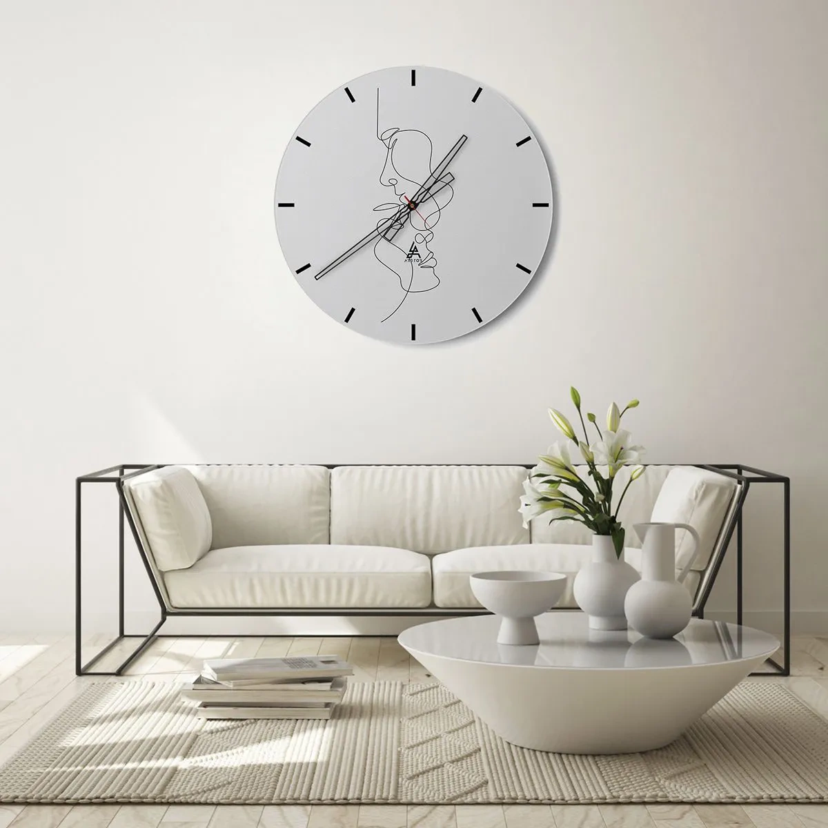 Ceas de perete - Ceas pe sticlă - Contururi minimaliste ale feței în linii negre pe fundal alb - 30x30cm - Dorință vorace - Decorațiune modernă pentru perete pentru living, bucătărie și dormitor ARTTOR