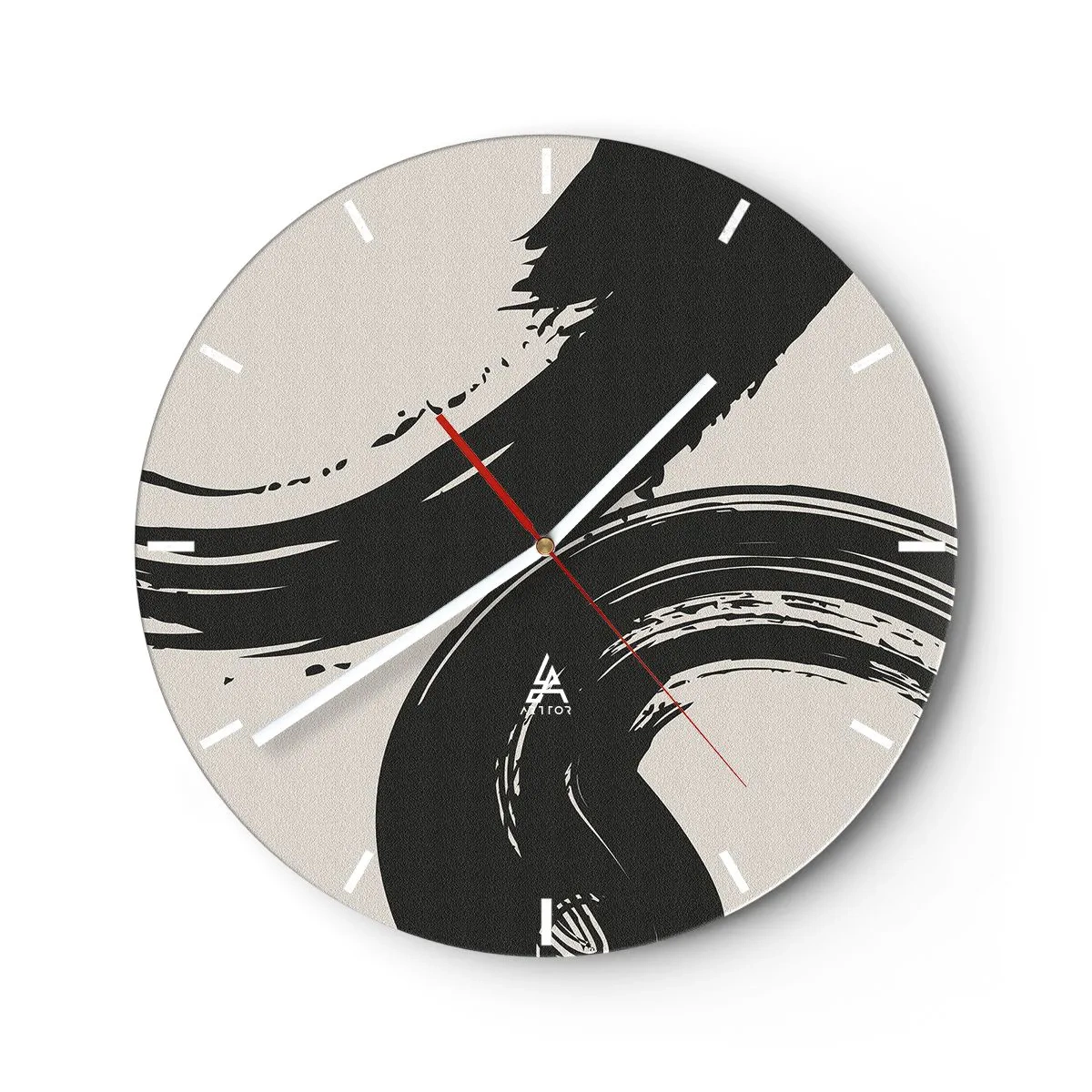 Ceas de perete - Ceas pe sticlă - Tușe negre măturate pe un fundal deschis - 30x30cm - Tare și circular - Decorațiune modernă pentru perete pentru living, bucătărie și dormitor ARTTOR