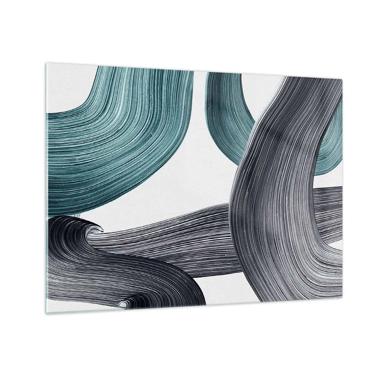 Tablou pe sticlă - Dungi dinamice în nuanțe de smarald și negru pe fundal alb - 70x50cm - Trasee de smarald și negru - Decorațiune modernă pentru perete pentru living și dormitor ARTTOR