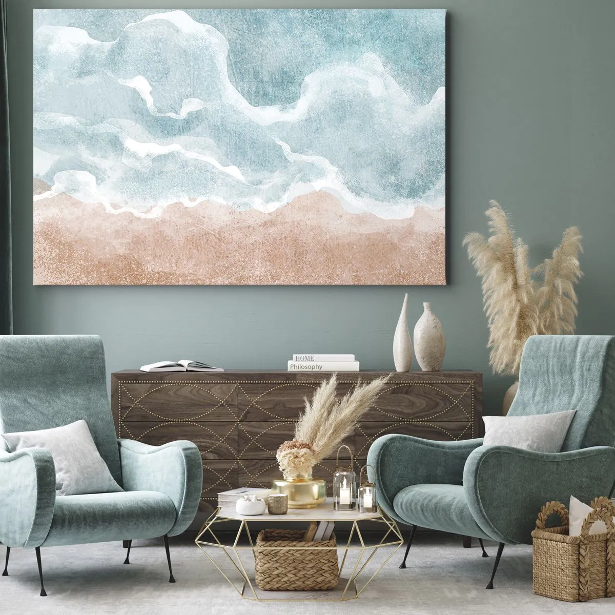 Tablou pe pânză Canvas - Plajă abstractă cu valuri în nuanțe de albastru și bej - 70x50cm - Abstracția norilor - Decorațiune modernă pentru perete pentru living și dormitor ARTTOR