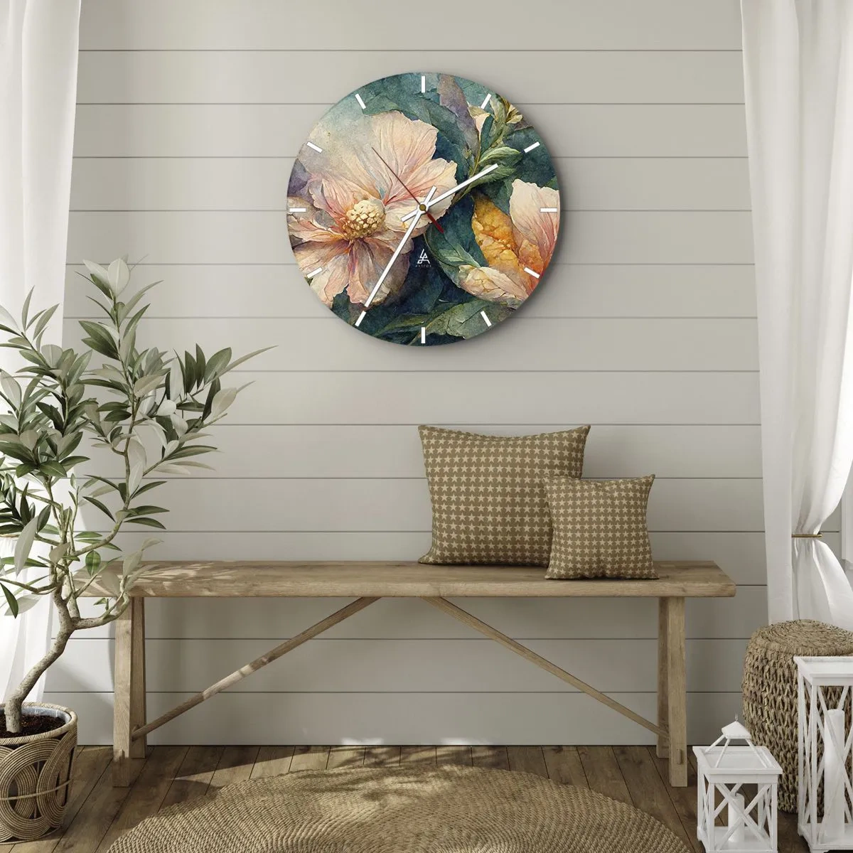 Ceas de perete - Ceas pe sticlă - Flori delicate în culori pastelate cu frunze verzi - 30x30cm - Subtilitate pură - Decorațiune modernă pentru perete pentru living, bucătărie și dormitor ARTTOR