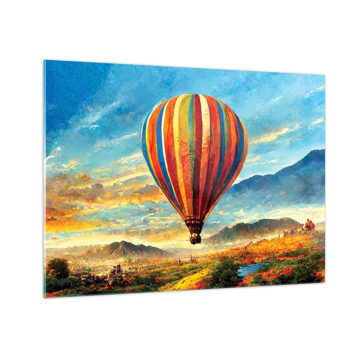 Tablou pe sticlă - Un balon colorat plutind deasupra unui peisaj montan - 70x50cm - În liniște puteți vedea mai multe - Decorațiune modernă pentru perete pentru living și dormitor ARTTOR