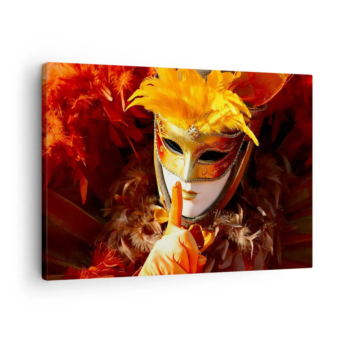 Tablou pe pânză Canvas - Mască de carnaval în nuanțe de auriu și portocaliu - 70x50cm - Misterul face parte din joc - Decorațiune modernă pentru perete pentru living și dormitor ARTTOR