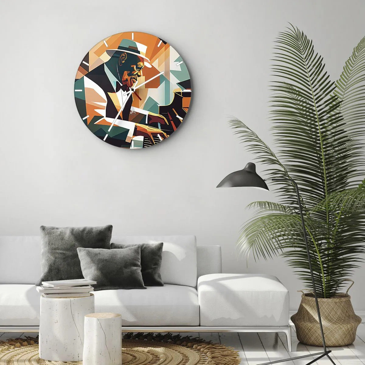 Ceas de perete - Ceas pe sticlă - Muzician de jazz la pian într-un stil geometric - 30x30cm - Numai jazz - Decorațiune modernă pentru perete pentru living, bucătărie și dormitor ARTTOR