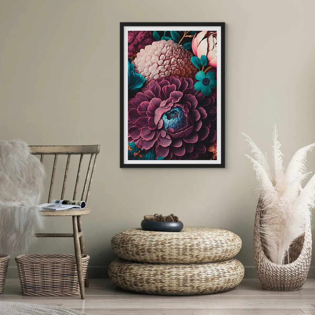 Poster în ramă neagră - Un aranjament floral în nuanțe intense - 50x70cm - Natura în abundență - Decorațiune modernă pentru perete pentru living și dormitor ARTTOR