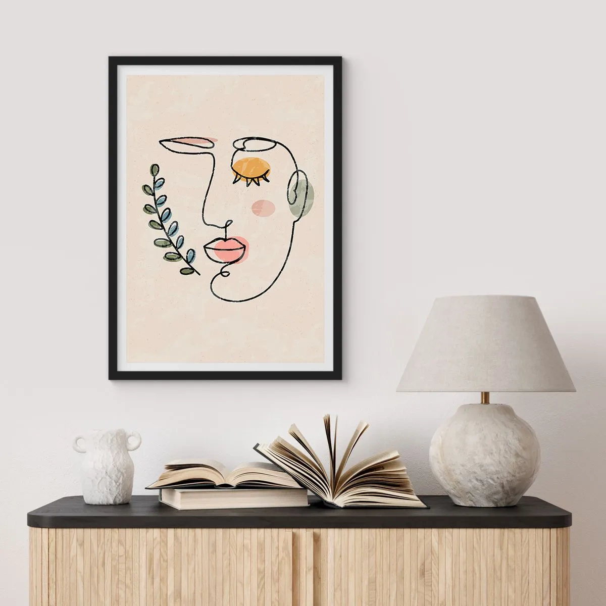 Poster în ramă neagră - Portret minimalist al unei femei pe un fundal bej - 50x70cm - Pacea regăsită - Decorațiune modernă pentru perete pentru living și dormitor ARTTOR
