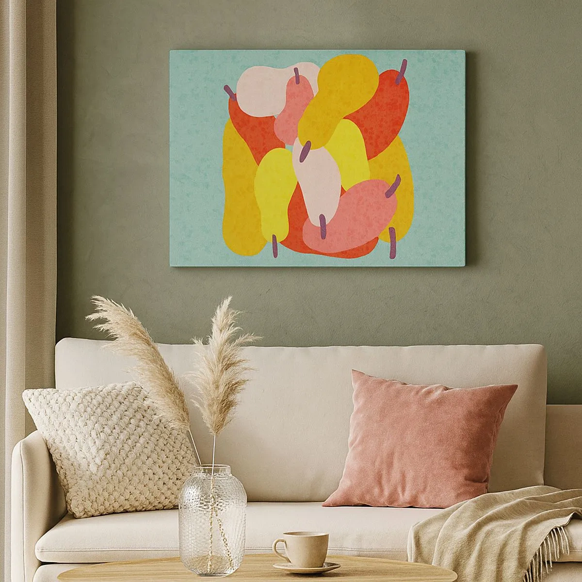 Tablou pe pânză Canvas - Pere abstracte colorate pe un fundal verde - 70x50cm - Gustă soarele de vară - Decorațiune modernă pentru perete pentru living și dormitor ARTTOR