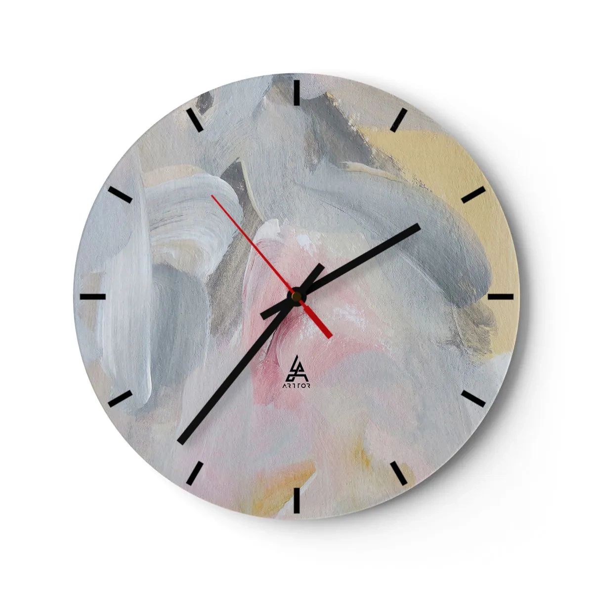 Ceas de perete - Ceas pe sticlă - Pete pastelate abstracte în nuanțe de roz și gri - 30x30cm - Într-o lume de pastel - Decorațiune modernă pentru perete pentru living, bucătărie și dormitor ARTTOR
