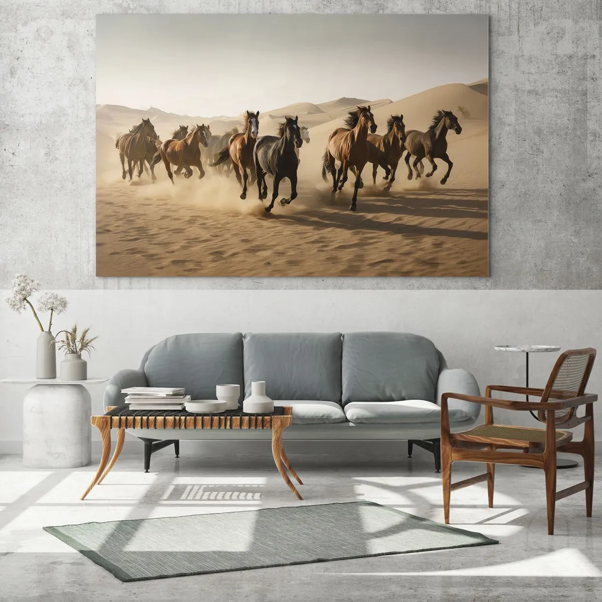 Tablou pe sticlă - O turmă de cai galopând în deșert printre dunele de nisip - 70x50cm - Liberi ca vântul - Decorațiune modernă pentru perete pentru living și dormitor ARTTOR