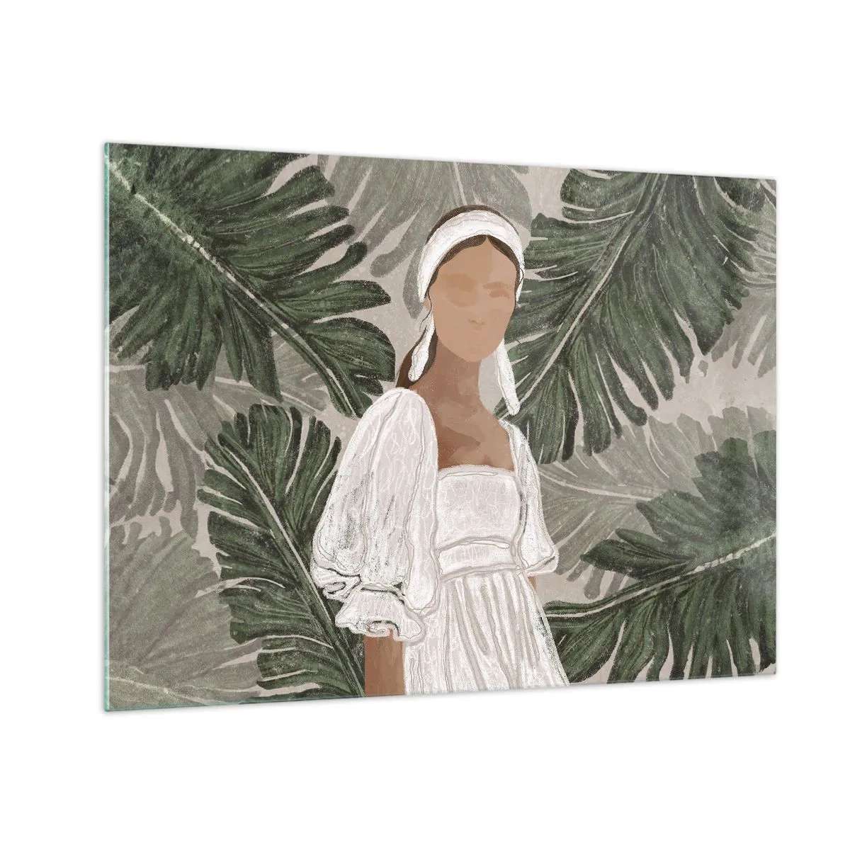 Tablou pe sticlă - O femeie într-o rochie albă pe un fundal de frunze tropicale verzi. - 70x50cm - Portret exotic - Decorațiune modernă pentru perete pentru living și dormitor ARTTOR