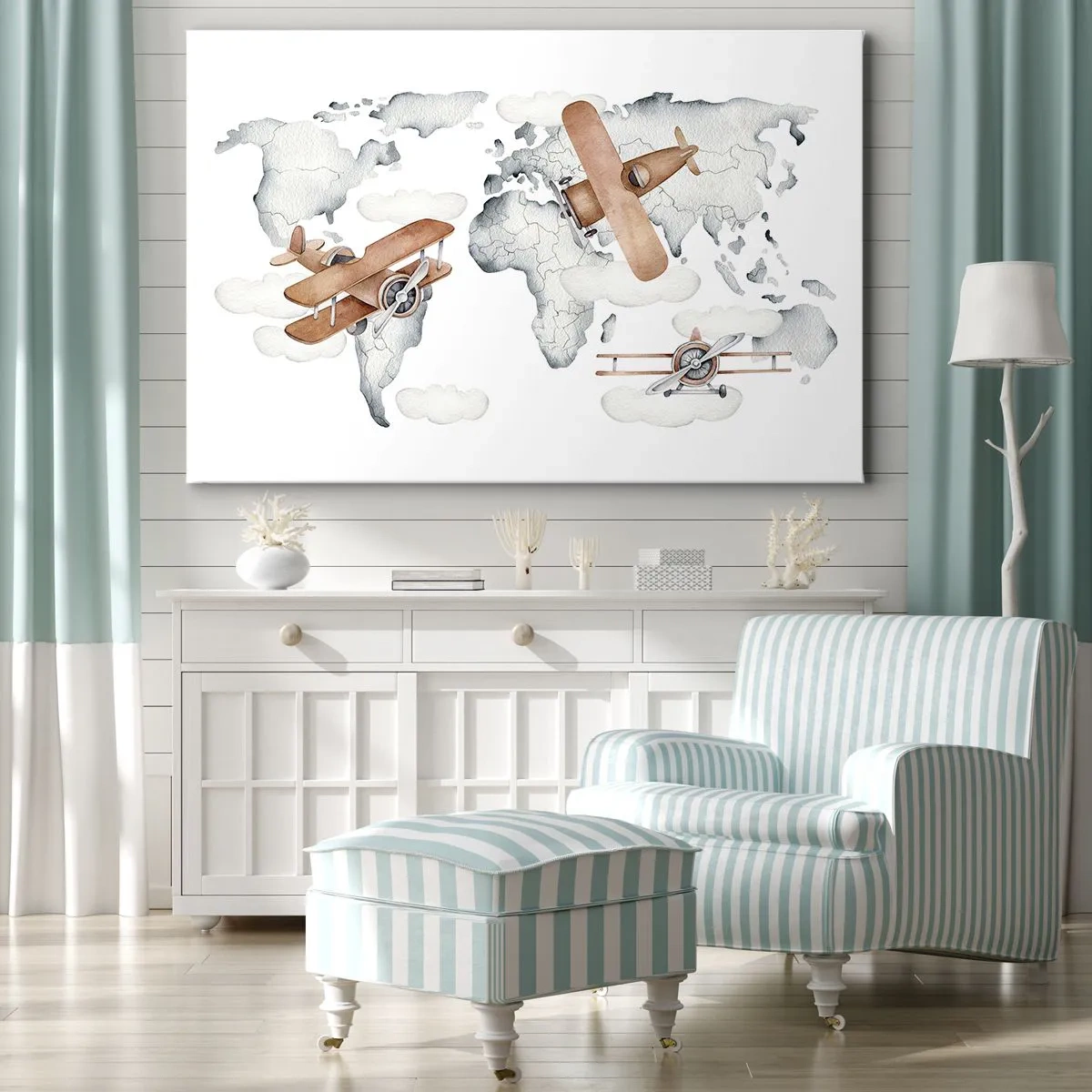 Tablou pe pânză Canvas - Ilustrație a unei hărți a lumii cu avioane - 70x50cm - În spirit de pionierat - Decorațiune modernă pentru perete pentru living și dormitor ARTTOR